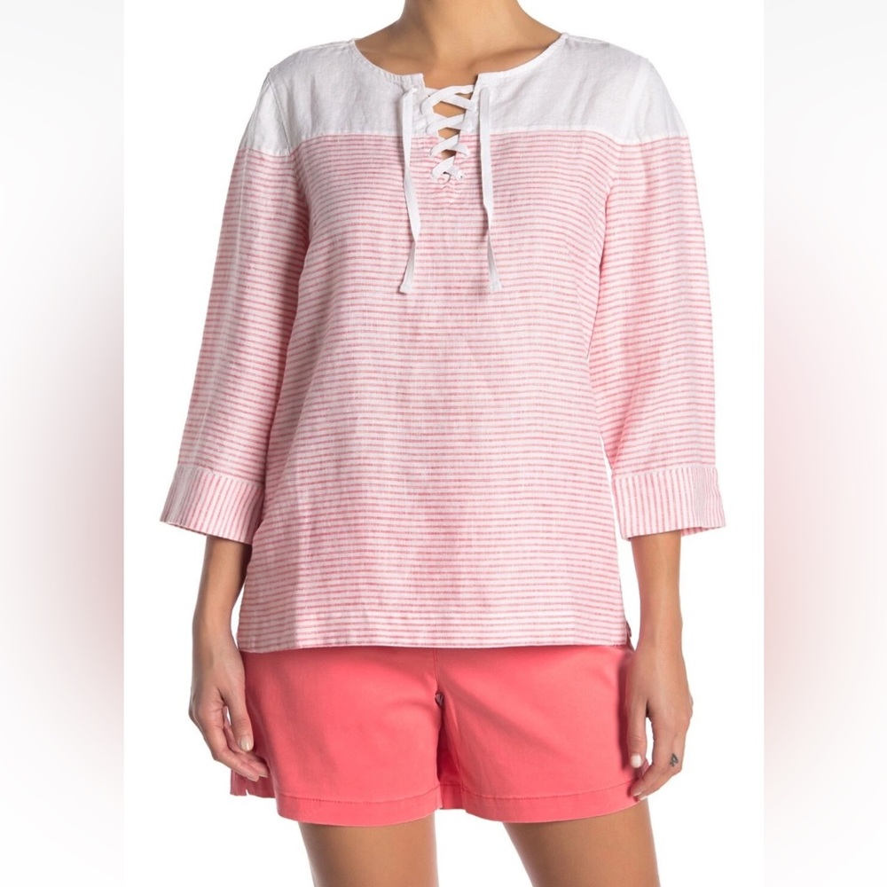 NWNT Tommy Bahama Linen Orange & White Striped Shirt Top 3/4 Sleeves WOMEN SZ S